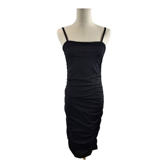 Zara Medium Black Ruched Bodycon Midi Dress Adjustable Straps Fitted Stretchy - Picture 5 of 15